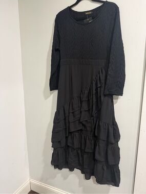 Reborn Black Knit-Top Ruffled Casual Dress Long 100%cotton